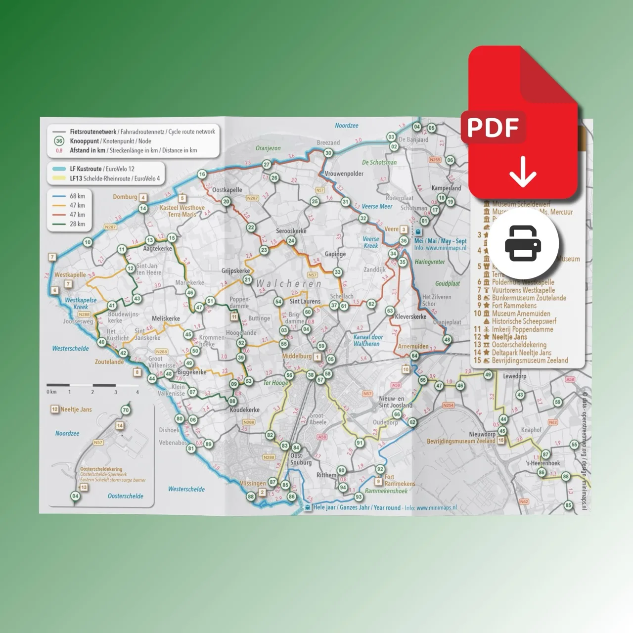 Fahrradkarte Walcheren (PDF): Knotenpunkte und Radrouten (2)
